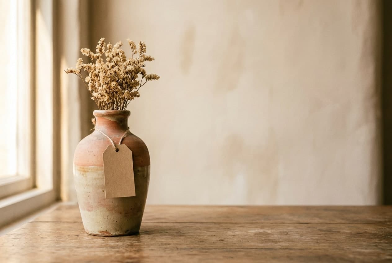 Ceramieken vaas met gedroogde bloemen en een kraft-paper prijskaartje op een oude houten tafel