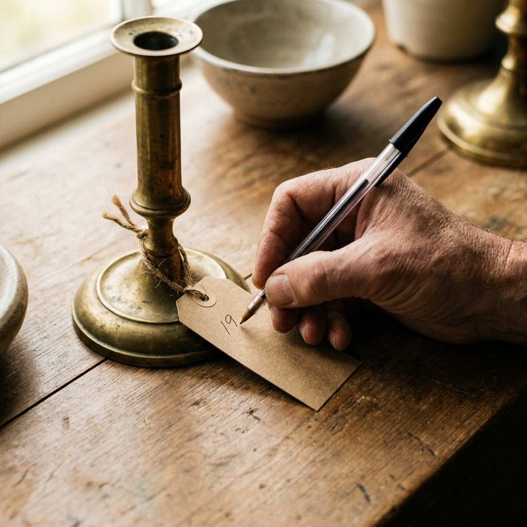 Hand schrijft een prijs op een kraft-paper kaartje aan een messing kandelaar