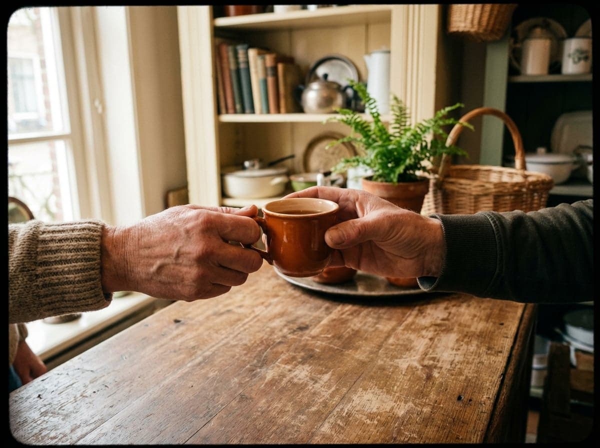 Twee paar handen wisselen een kopje koffie uit over een oude houten tafel